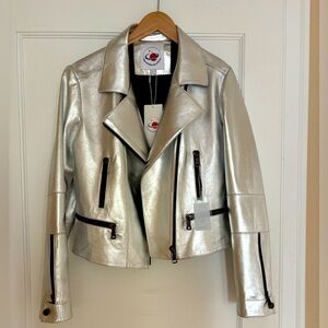Women’s Metallic Silver Motorcycle Jacket - Size Large, Vegan leather